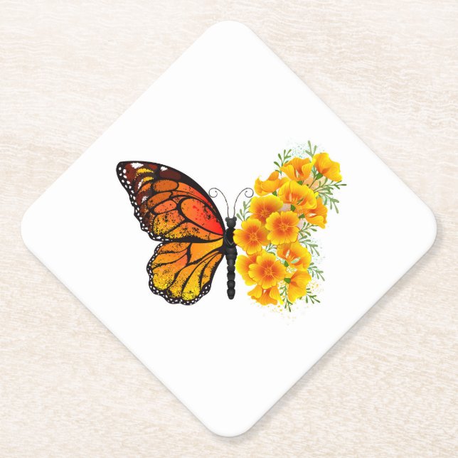 Blume Butterfly mit gelbem Kalifornien-Mohn Untersetzer (Vorderseite)