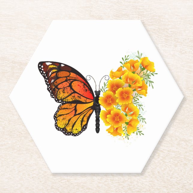 Blume Butterfly mit gelbem Kalifornien-Mohn Untersetzer (Vorderseite)