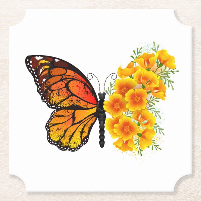 Blume Butterfly mit gelbem Kalifornien-Mohn Untersetzer (Vorderseite)