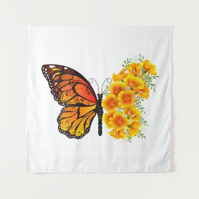 Blume Butterfly mit gelbem Kalifornien-Mohn Wandteppich (Vorderseite (Horizontal))