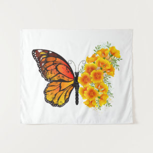 Blume Butterfly mit gelbem Kalifornien-Mohn Wandteppich
