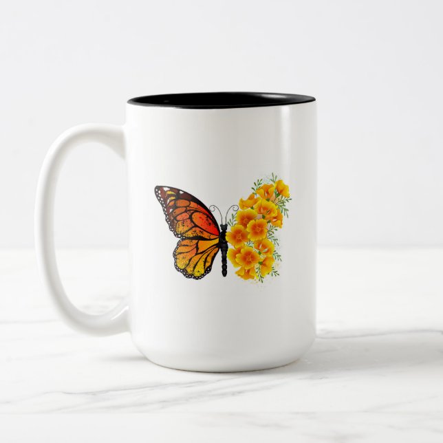 Blume Butterfly mit gelbem Kalifornien-Mohn Zweifarbige Tasse (Links)