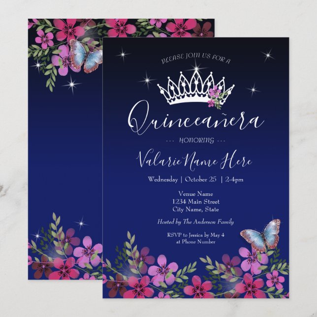 Blume Butterfly Quinceanera Haushalt Einladung (Vorne/Hinten)