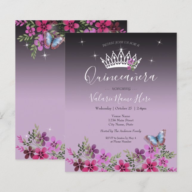 Blume Butterfly Quinceanera Haushalt Einladung (Vorne/Hinten)
