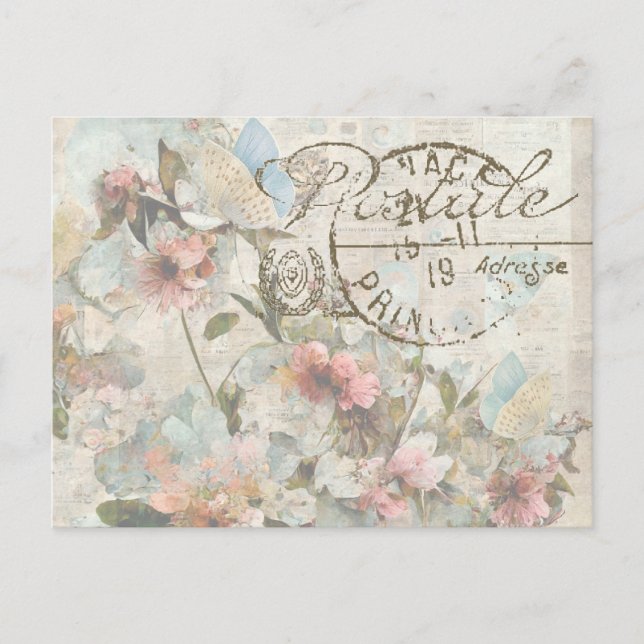 Blume Butterfly Shabby Collage Postale Französisch Postkarte (Vorderseite)