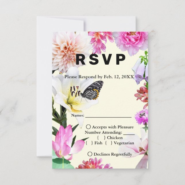 Blume & Butterfly Watercolor Wedding RSVP & Menu Karte (Vorderseite)