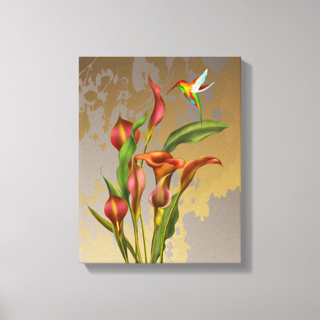 Blume - Calla Lilies und Hummingbird Leinwanddruck (Vorderseite)