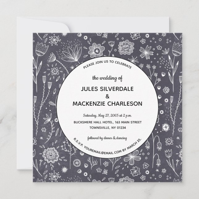 Blume Chalkboard Zeichnungen Moderne Hochzeit Einladung (Vorderseite)