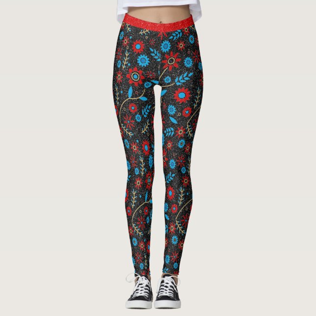 Blume Chic Muster Red Gold Blue Black Glitzer Leggings (Vorderseite)