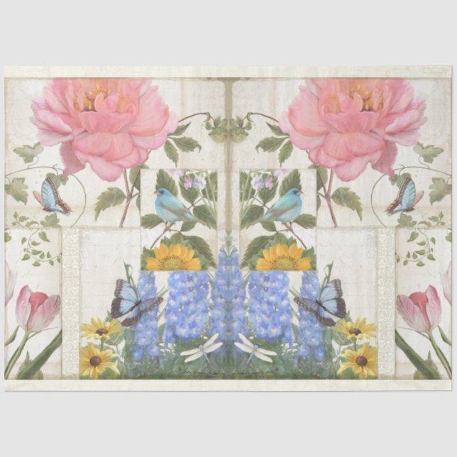 Blume Collage Blue Pink Butterfly Bird Decoupage Seidenpapier (Vorderseite)