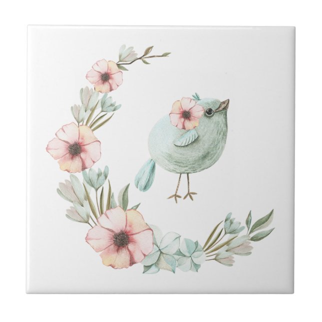 Blume Crescent mit Baby Blue Bird Art Tile Fliese (Vorderseite)