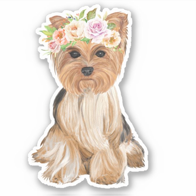 Blume Crown Yorkie Aufkleber (Vorderseite)