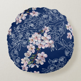 Blume der Aquarellfärbung mit Zweiglinie Rundes Kissen