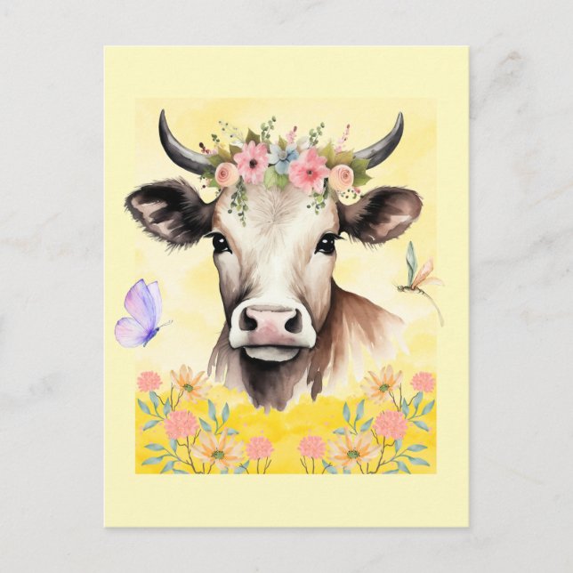 Blume der Aquarellkühe auf einer Wiese Postkarte (Vorderseite)