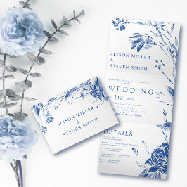 Blume der blauen, weißen Linie Foto Hochzeit Dreifach Gefaltete Einladung