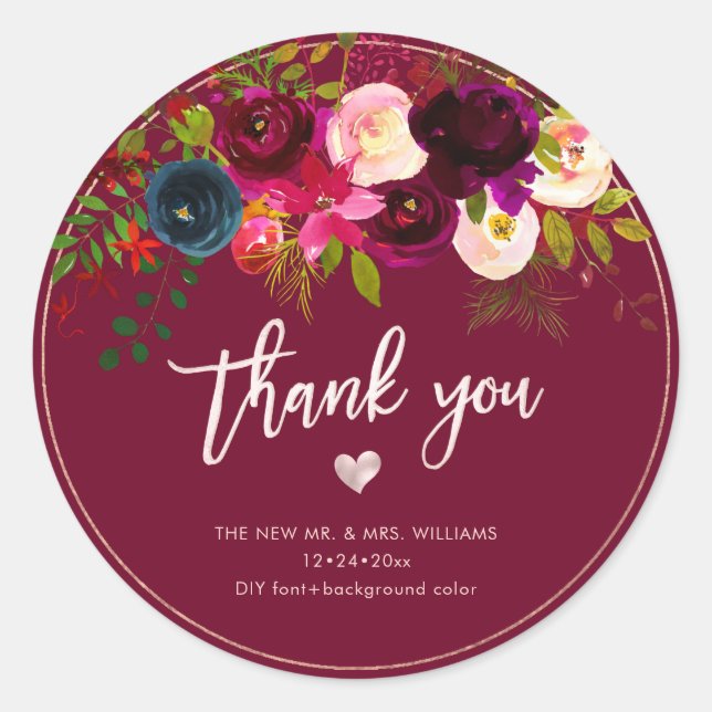 Blume der Burgundy Blush Navy|Danke|DIY Bckgrnd Runder Aufkleber (Vorderseite)