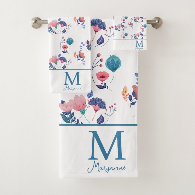 Blume der farbenfrohen Folk Art Monogram Badhandtuch Set (Insitu)
