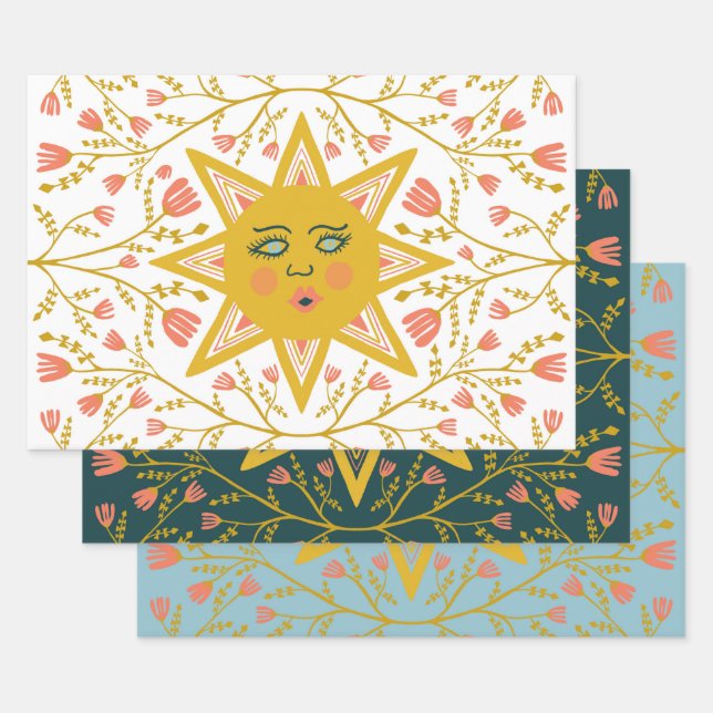 Blume der geometrischen Sonnen Reben Rosa Grün Geschenkpapier Set (Set)