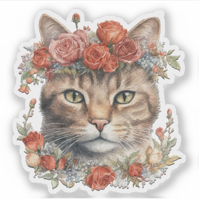 Blume der Katze auf ihrem Kopf Valentinsticker Aufkleber (Vorderseite)