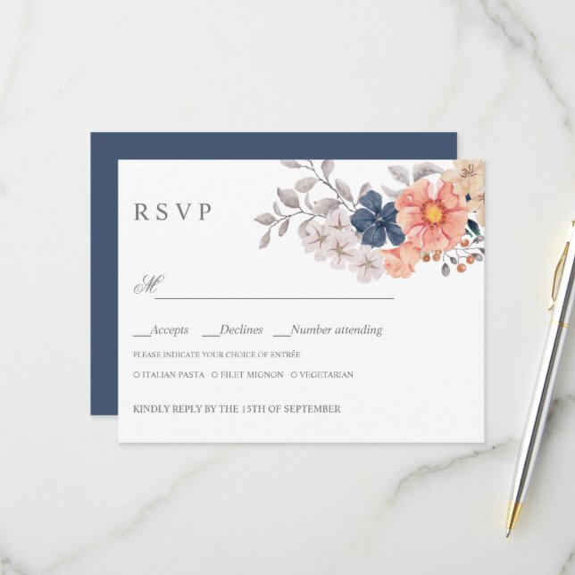 Blume der Korallenflotte WEDING RSVP MEAL CHOICE (Vorderseite/Rückseite Beispiel)
