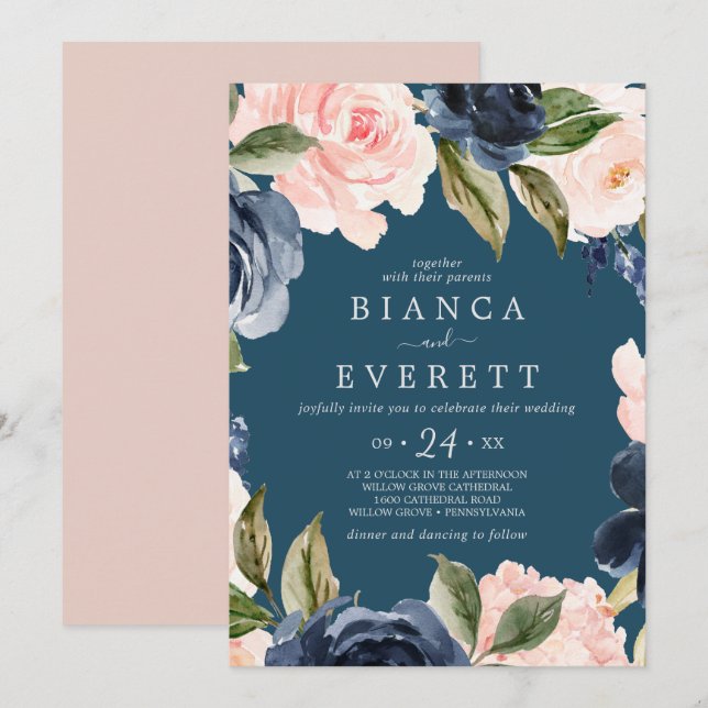 Blume der Marine | Blaue Lässige Hochzeit Einladung (Vorne/Hinten)