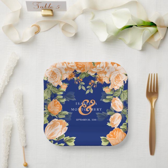Blume der Marine und des Botanischen Orangen Pappteller (Hochzeit)