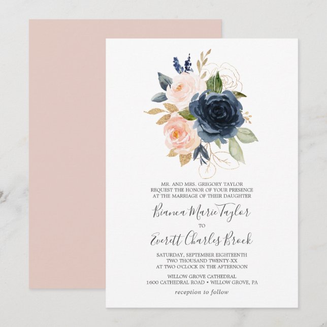 Blume der Marine | Weiße feierliche Hochzeit Einladung (Vorne/Hinten)