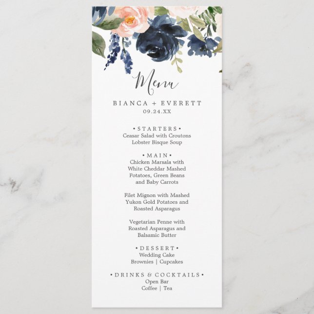Blume der Marine | White Wedding Dinner Menu Menükarte (Vorderseite)
