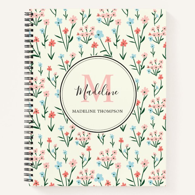 Blume der niedlichen Rose Elfenbeinrosa Monogramm Notizbuch (Vorderseite)