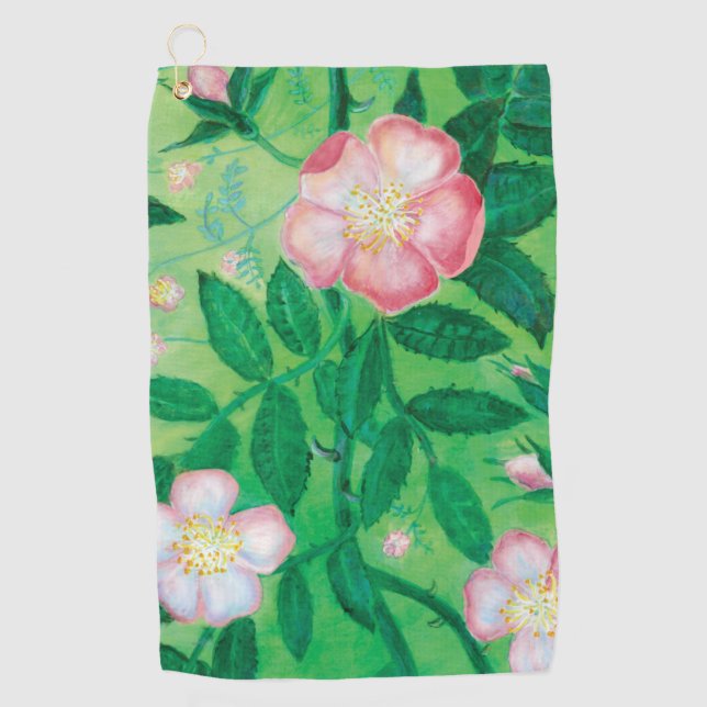 Blume der rosa Wilden Rose und die grünen Blätter Golfhandtuch (Vorderseite)