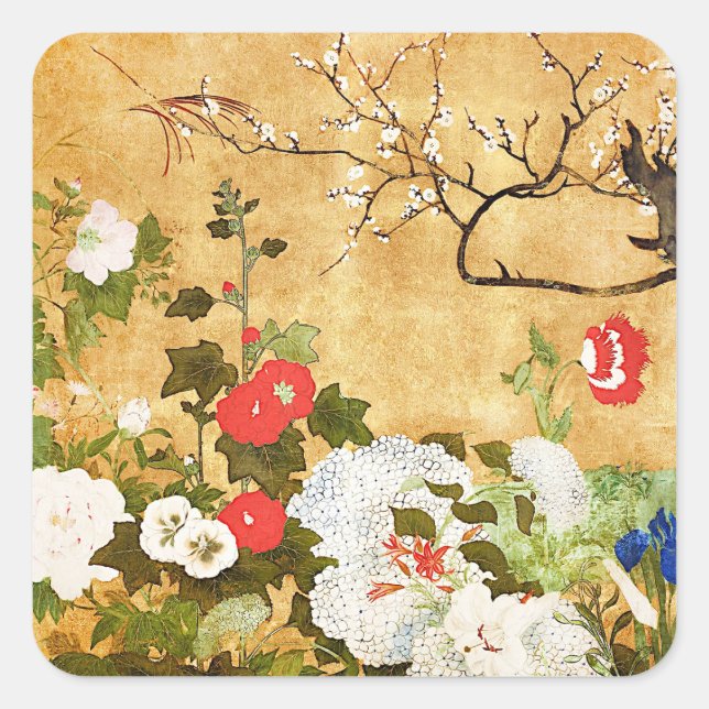 Blume der vier Jahreszeiten, Saito Ippo, Asiatisch Quadratischer Aufkleber (Vorderseite)