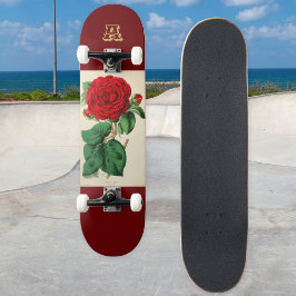 Blume der Vintagen Rote Rose Illustration Mit Mono Skateboard