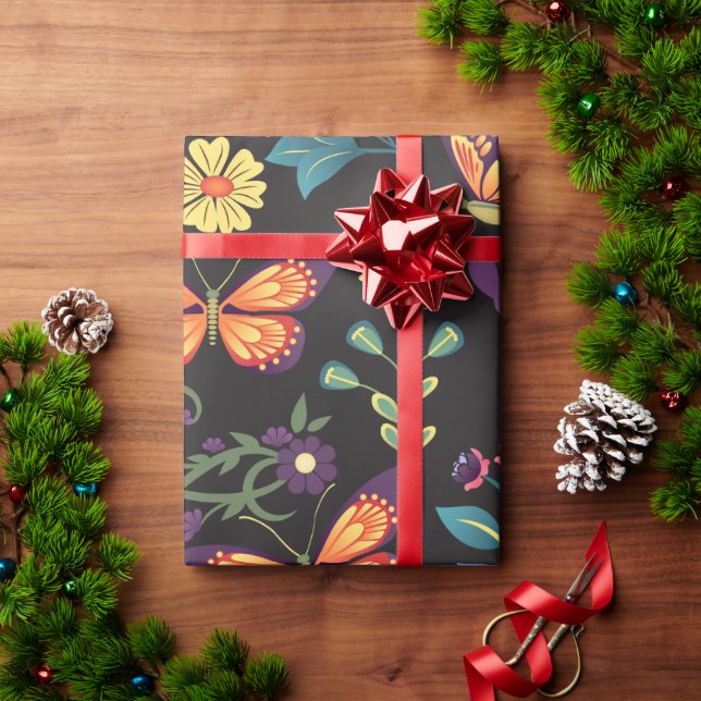 Blume der Volkskunst und Schmetterlinge Geschenkpapier (Feiertagsgeschenk)