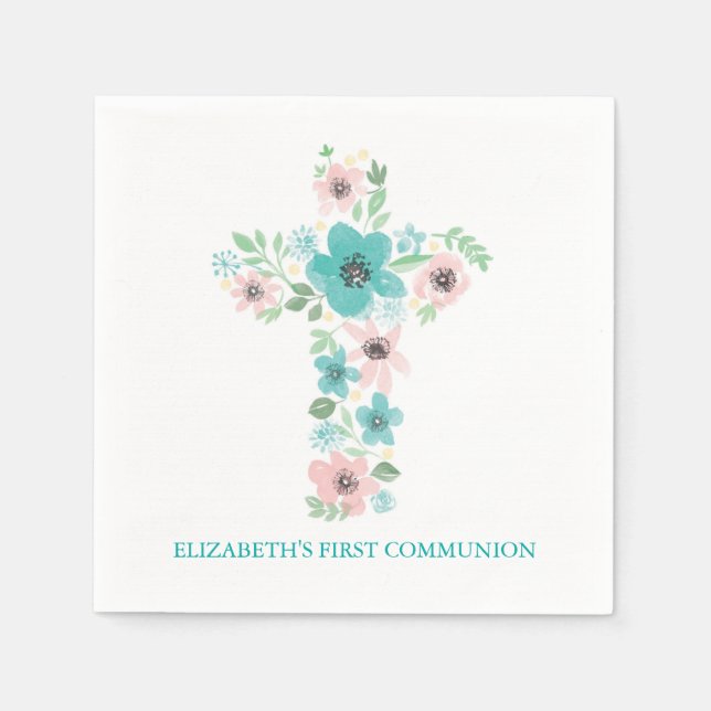Blume der Wasserfarben Kreuz Erste Heilige Kommune Serviette (Vorderseite)