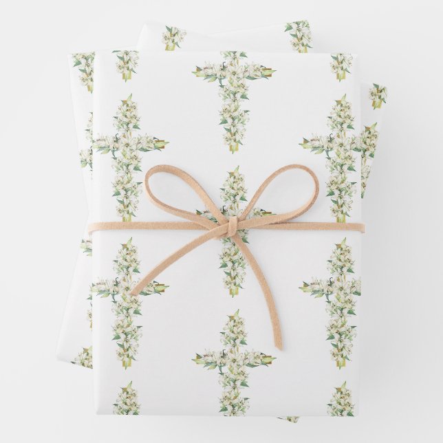Blume der Weißen Lilie Blumenkreuz Religiöse Taufe Geschenkpapier Set (Beispiel)