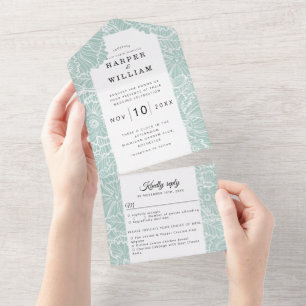 Blume der weißen Linie auf türkisfarbenen Hochzeit All In One Einladung