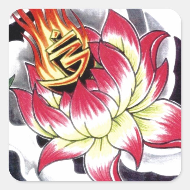 Blume des japanischen Tattoo Style Flaming Lotus Quadratischer Aufkleber (Vorderseite)