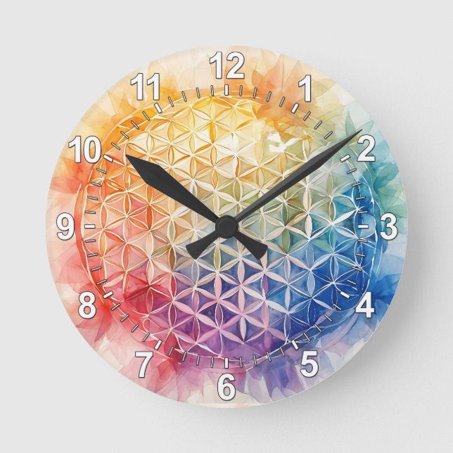 Blume des Lebens - Aquarellmalerei Runde Wanduhr (Vorderseite)
