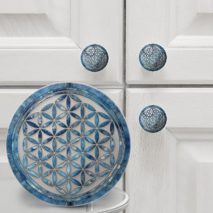 Blume des Lebens Blue Marble und Perlmutt Keramikknauf