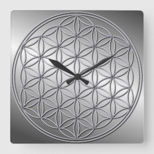 Blume des Lebens Blume des Lebens Metallic Silver Quadratische Wanduhr