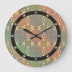 Blume des Lebens - Briefmarke Grunge Muster 1 Große Wanduhr
