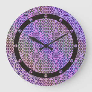 Blume des Lebens - Briefmarke Grunge Muster 3 Große Wanduhr