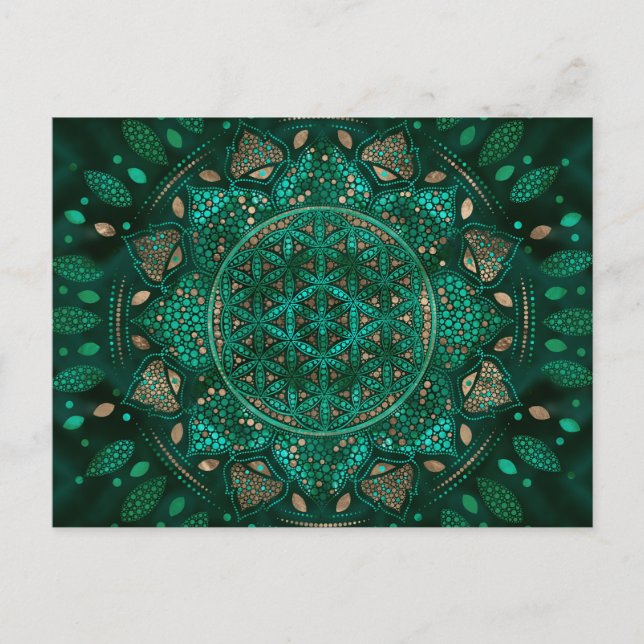 Blume des Lebens Dot Art Malachitgold Postkarte (Vorderseite)