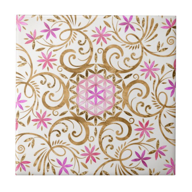 Blume des Lebens - geblüht Mandala Fliese (Vorderseite)