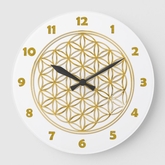 BLUME DES LEBENS - Gold + Uhrenzahlen Große Wanduhr (Vorderseite)
