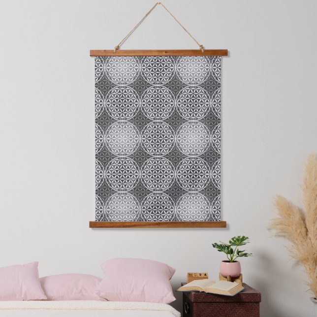 BLUME DES LEBENS - Graumuster Wandteppich Mit Holzrahmen (Schlafzimmer)