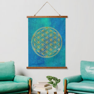 BLUME DES LEBENS - Heilige Geometrie Goldener Stil Wandteppich Mit Holzrahmen