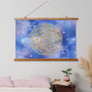 BLUME DES LEBENS - Heilige Geometrie Goldener Stil Wandteppich Mit Holzrahmen