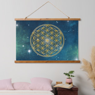 BLUME DES LEBENS - Heilige Geometrie Goldener Stil Wandteppich Mit Holzrahmen