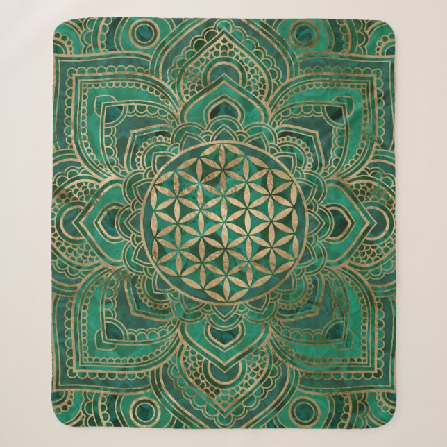 Blume des Lebens im Lotos - Malachit und Gold Sherpadecke (Vorderseite)